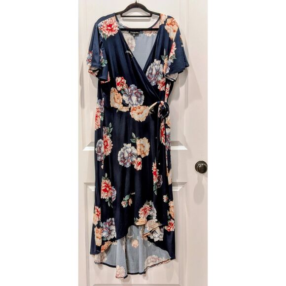 Fortune + Ivy High-Low Wrap Dress Floral Peony Plus Size 2X Navy Red - Picture 1 of 6